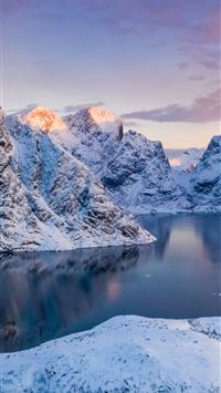 Norway Lofoten Mountains Winter Bay Snow Samsung G... wallpaper
