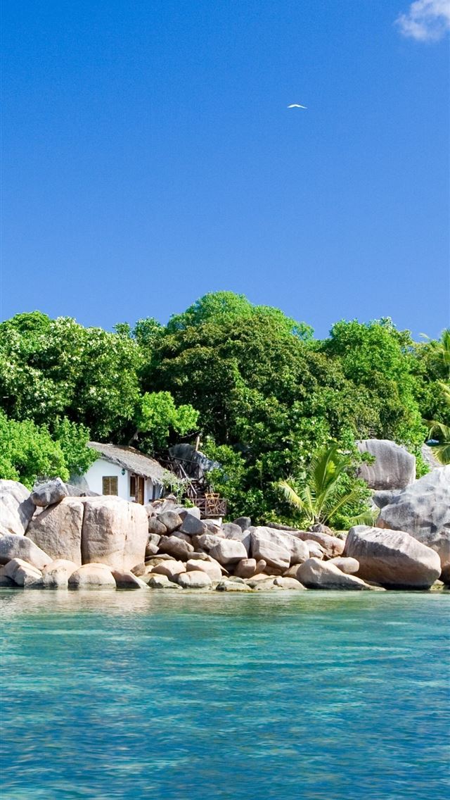 640x1136 Seychelles Island Trees Ocean Clouds House - seychelles iPhone Wallpaper