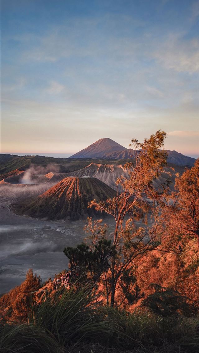 640x1136 gray mountain near trees under blue sky - indonesia iPhone Wallpaper
