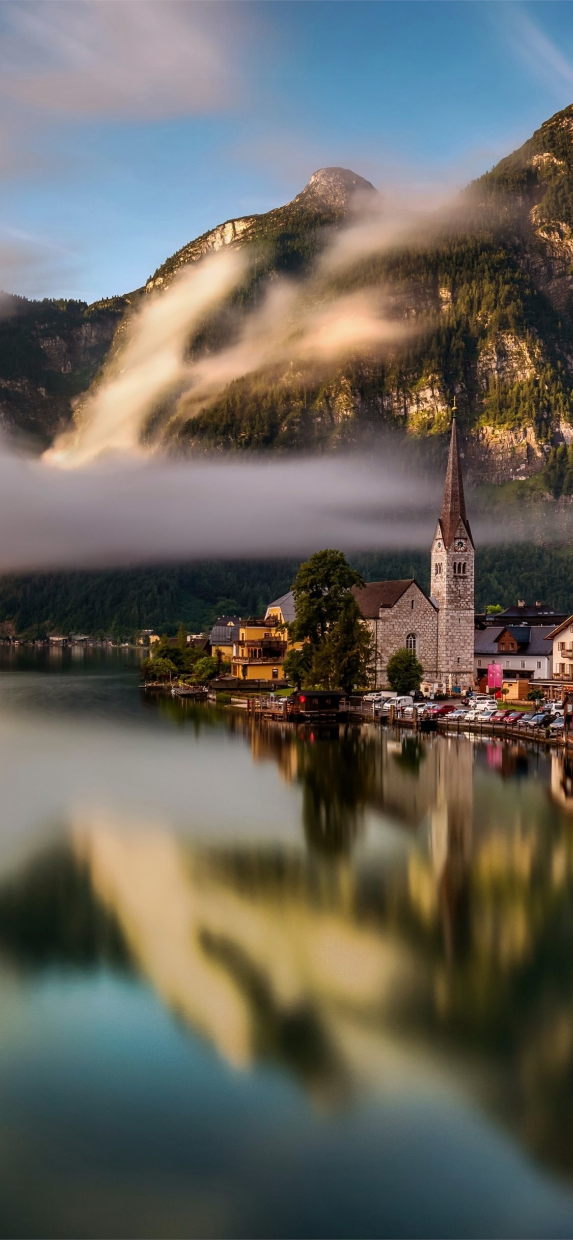 Austria Hallstatt Village Buildings Lake Clouds Mo... iPhone Wallpapers  Free Download