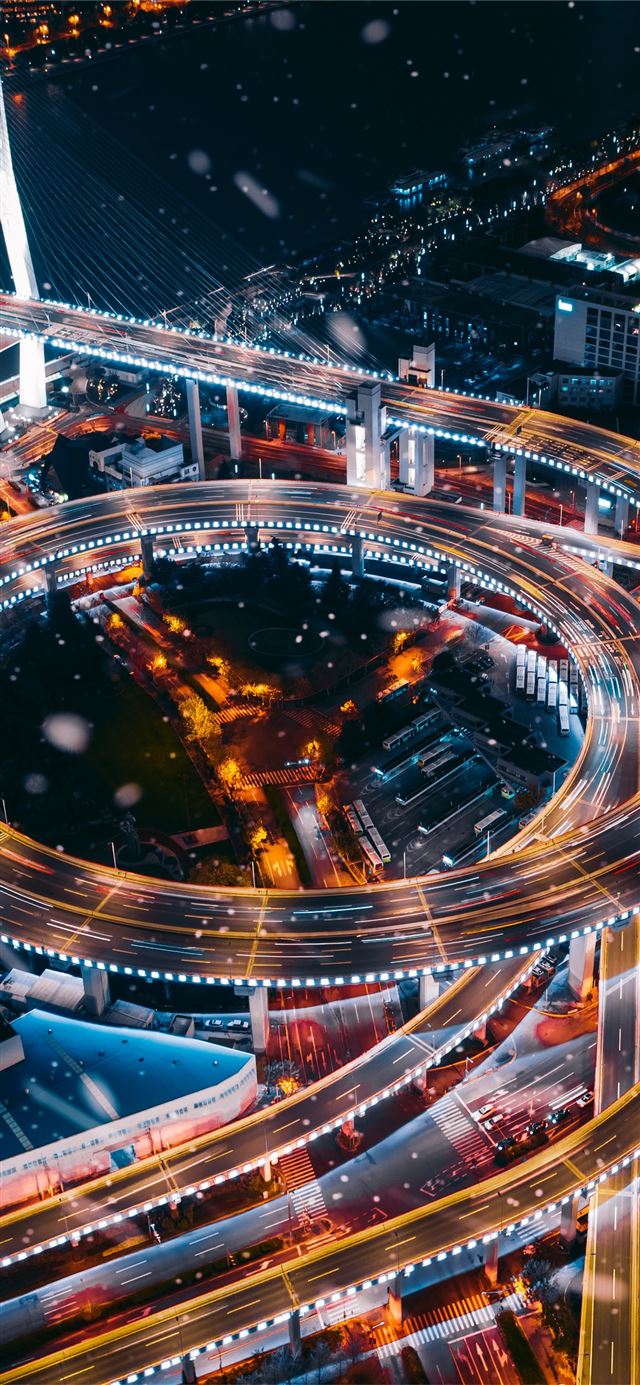 1125x2436 yiran ding nightscape bridge traffic - road iPhone X Wallpaper