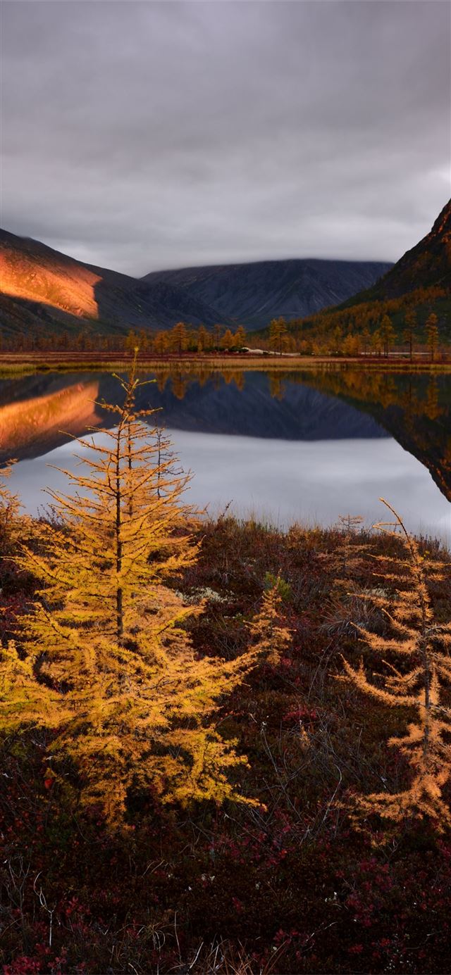 1125x2436 autumn lake reflections fall clouds nature russia - clouds iPhone X Wallpaper