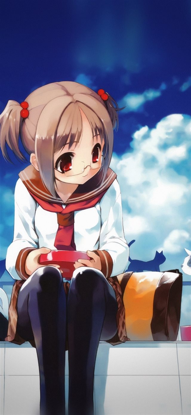 1125x2436 Girl And Cat Anime Illust Art Blue Day - cute iPhone X Wallpaper