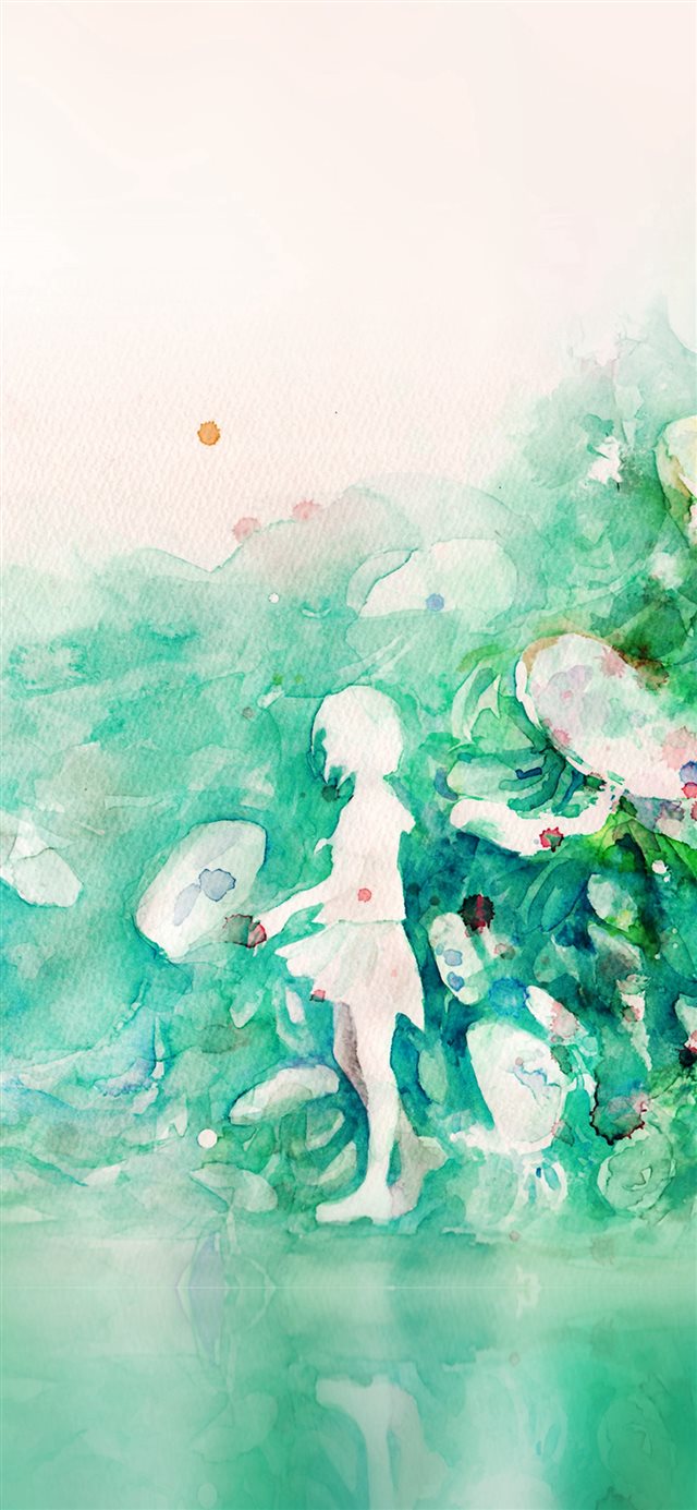 1125x2436 Watercolor Green Girl Nature Art Illust - drawn iPhone X Wallpaper