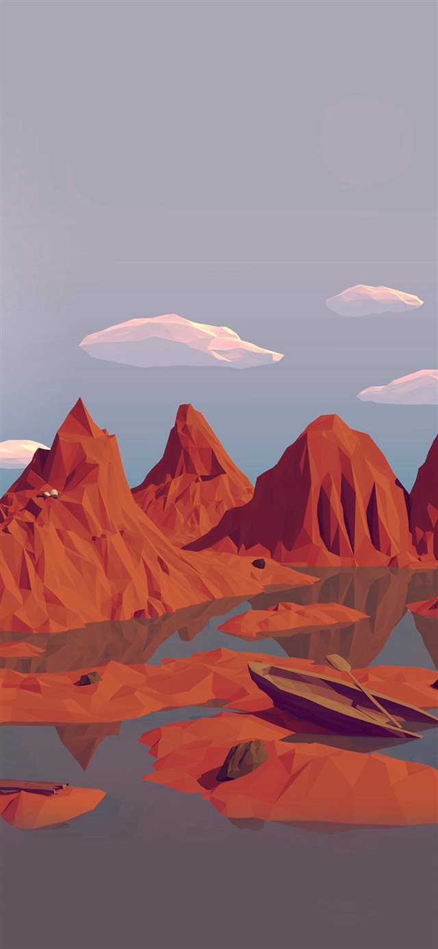 1125x2436 Low Poly Art Mountain Red Illust Art - boat iPhone X Wallpaper