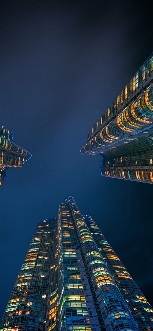 1125x2436 Building tower night - cyan iPhone X Wallpaper