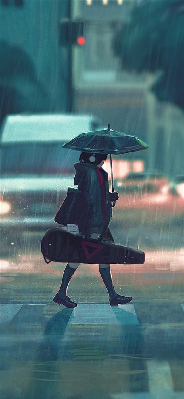 1125x2436 rainy day anime paint girl -  iPhone X Wallpaper