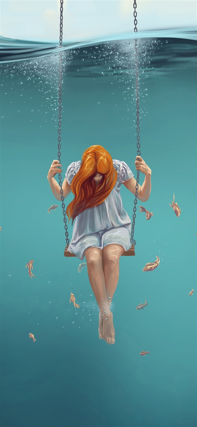 1125x2436 Swing art painting girl - water iPhone X Wallpaper