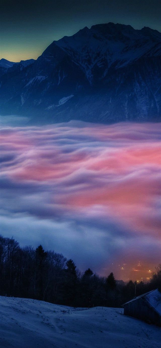 1125x2436 Smoky foggy mountain sunrise - cyan iPhone X Wallpaper