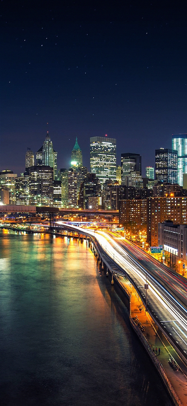 1125x2436 Night city view lights bridge - cyan iPhone X Wallpaper