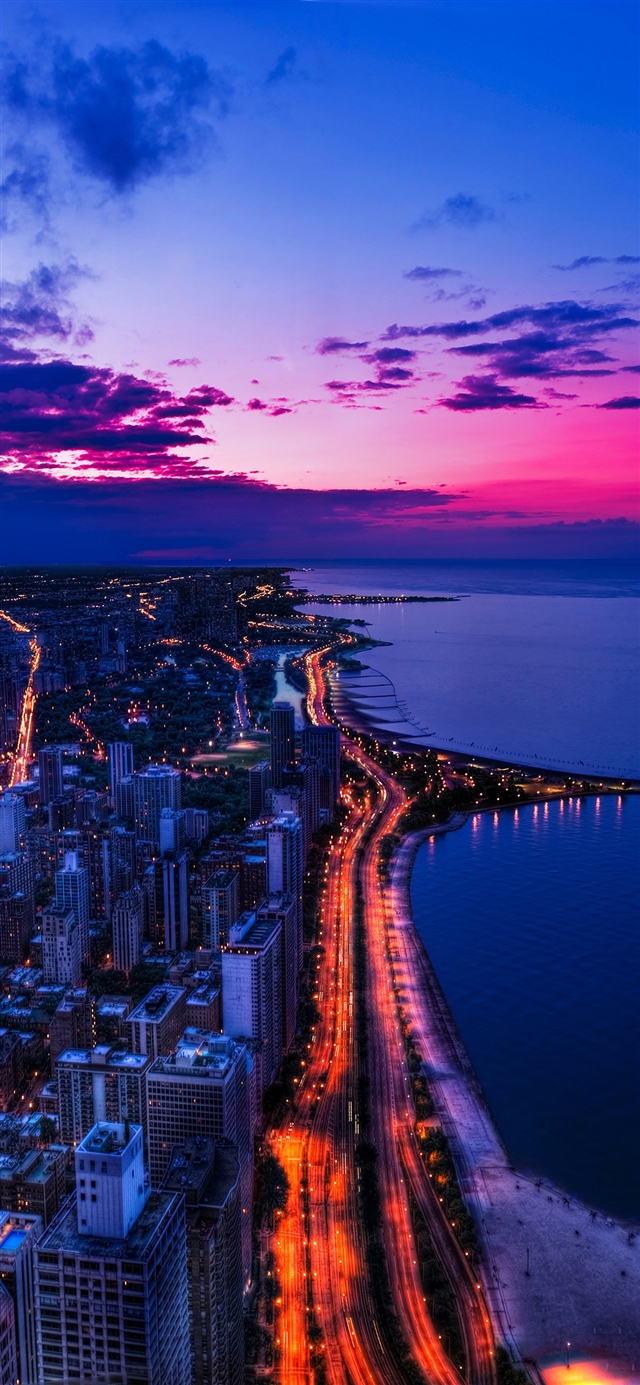 1125x2436 Chicago city night sky view scape ocean beach - chicago iPhone X Wallpaper