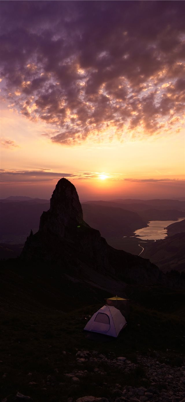 1125x2436 tent on hill - mountain iPhone X Wallpaper