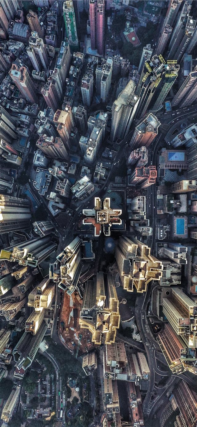 1125x2436 aerial photography of buildings - grey iPhone X Wallpaper