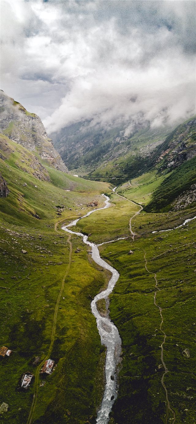 1125x2436 aerial photography of river between mountains - green iPhone X Wallpaper