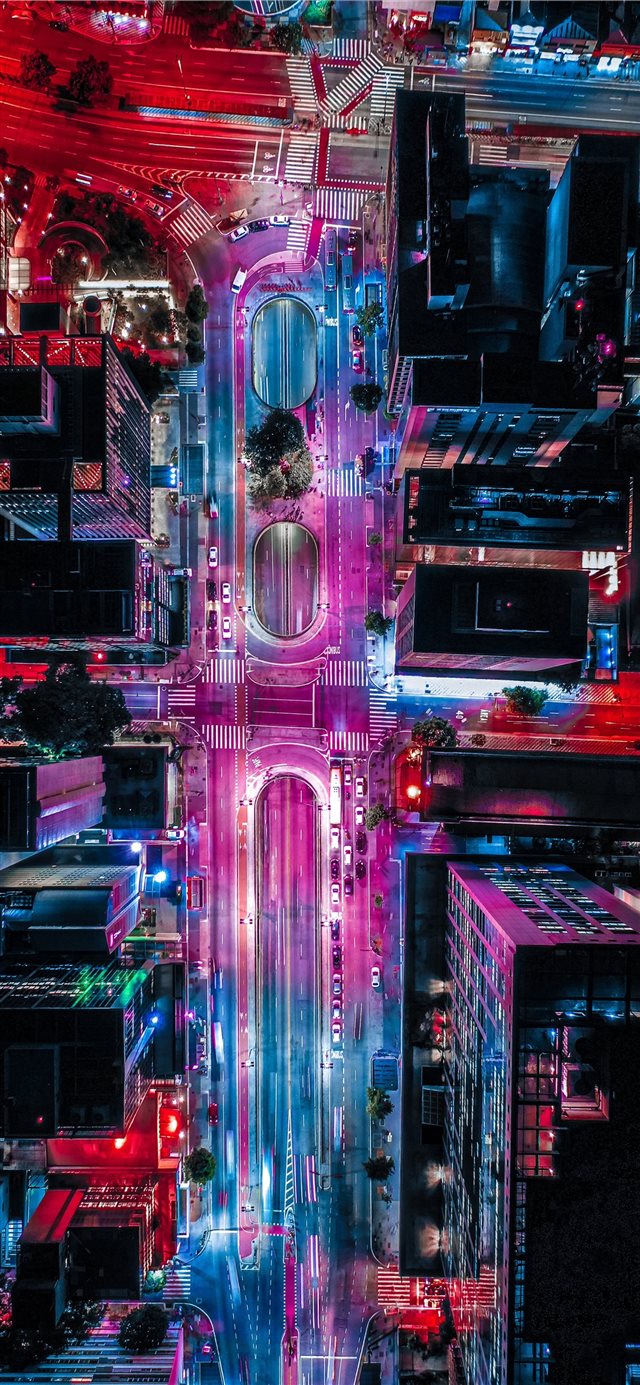 1125x2436 red and blue lights on building - city iPhone X Wallpaper