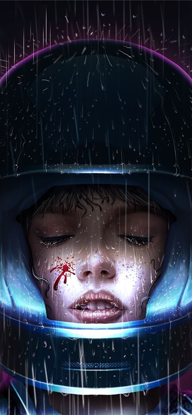 1125x2436 Girl With Helmet In Rain Retro Art Sony Xperia X X... - mma celebrity iPhone X Wallpaper