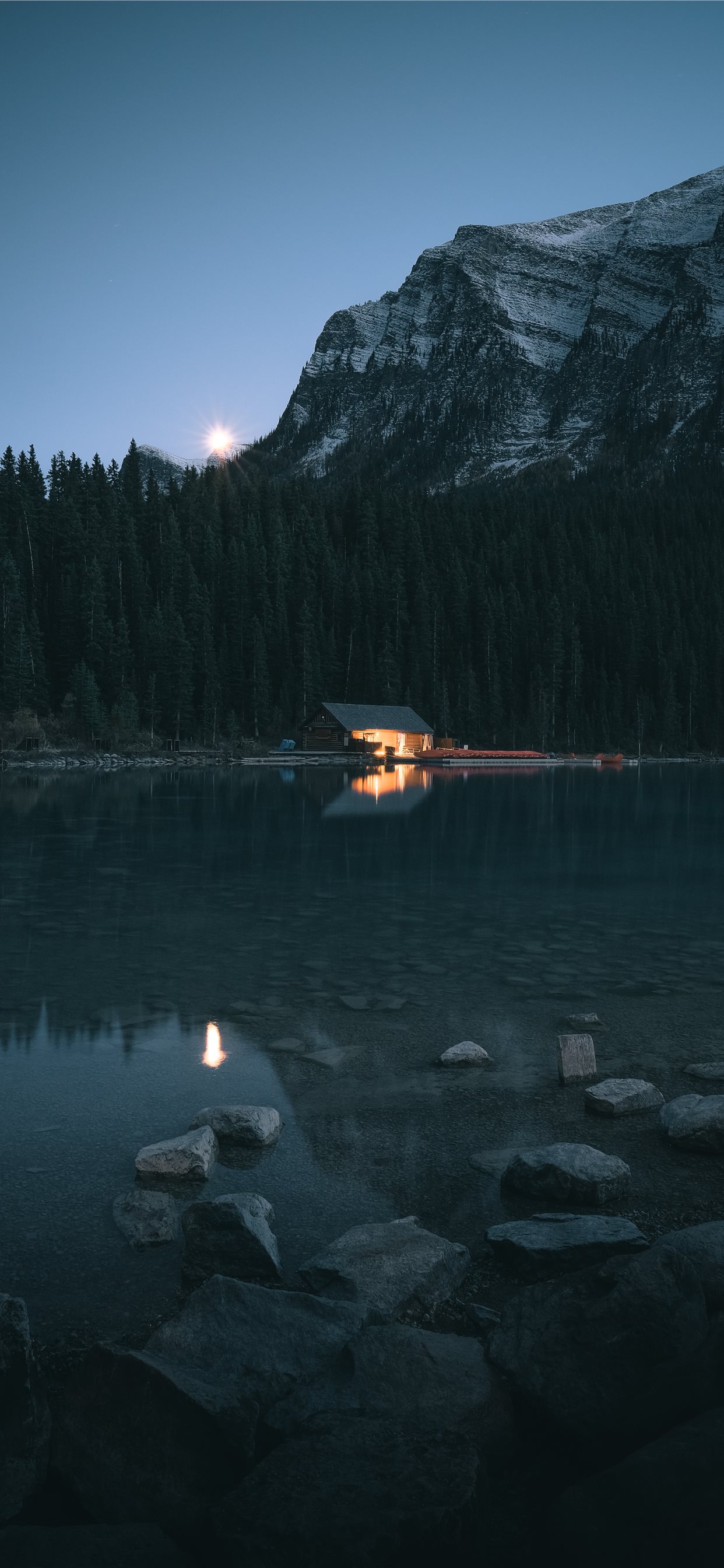 cabin beside lake and trees iPhone X Wallpapers Free Download