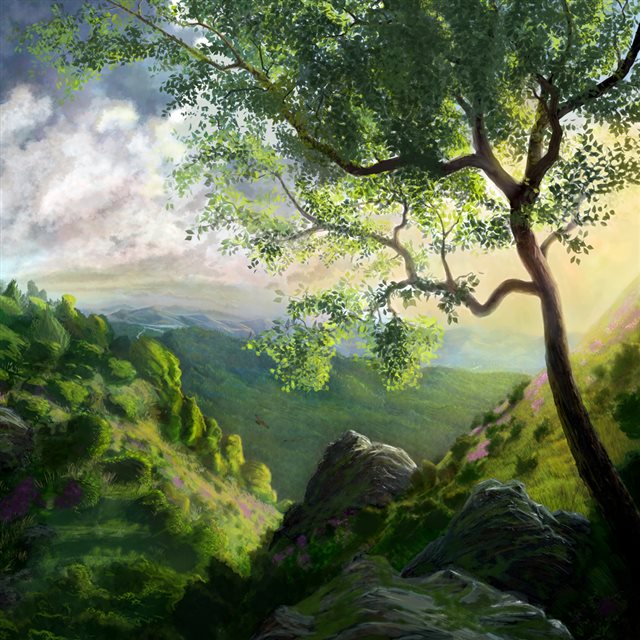 Mountain Tree Painting iPad wallpaper 