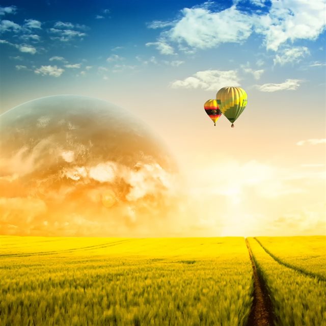 Dreamy Balloon Flying Over Field iPad wallpaper 