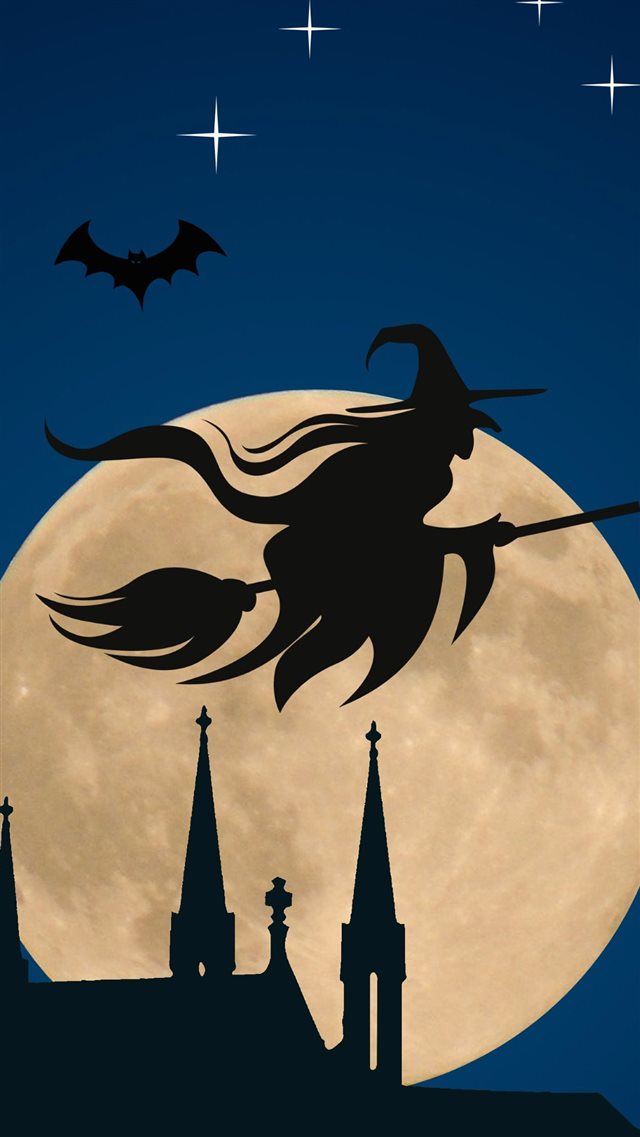 Halloween Witch Flying Broom Over Moon iPhone 8 wallpaper 