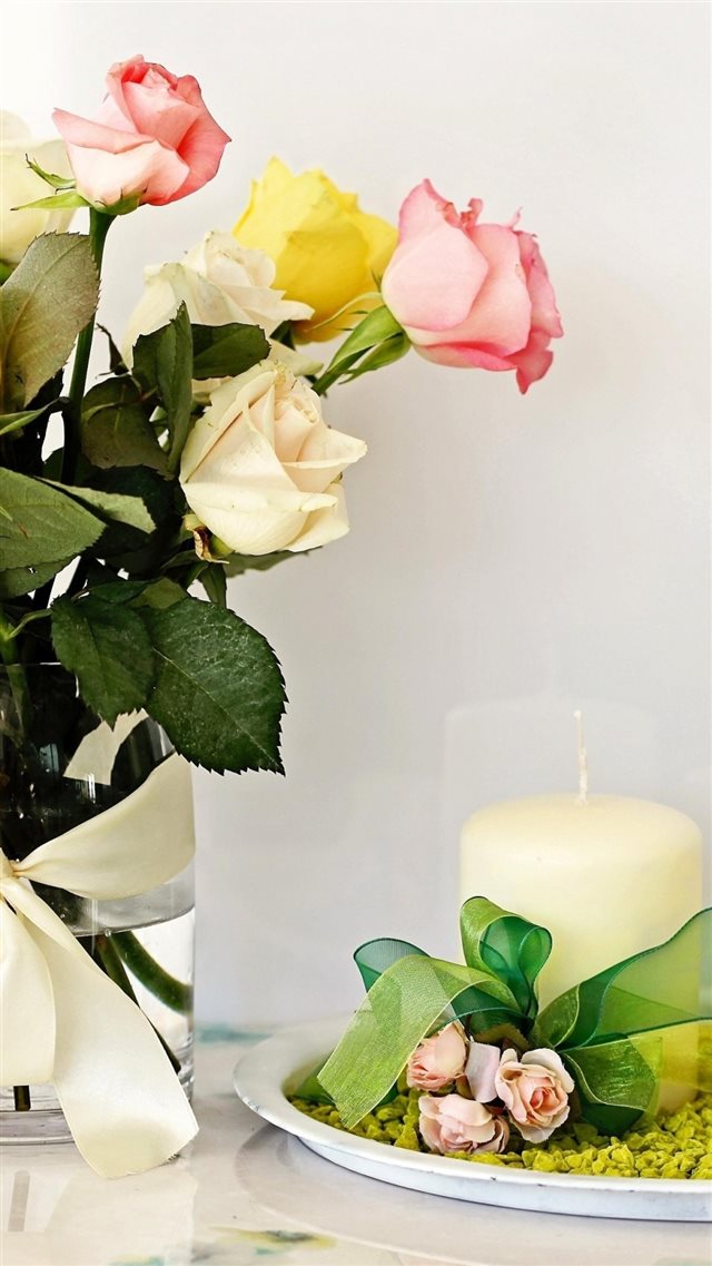 Roses Bouquet Vase Candle Composition iPhone 8 wallpaper 