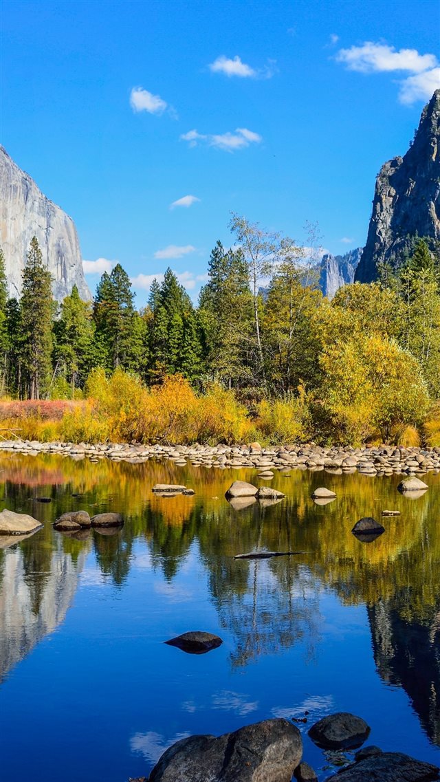 Yosemite National Park Lake Rocks Mountains Autumn Nature iPhone 8 wallpaper 