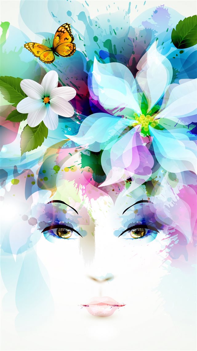 Art Girl Eyes Flowers Petals Butterfly Leaves Spray iPhone 8 wallpaper 