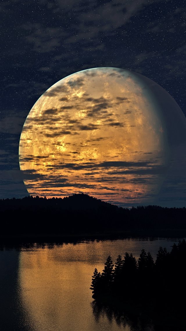 Night Sky Moon Trees River Reflection iPhone 8 wallpaper 