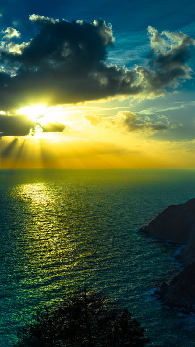 Mountains Sea Ocean Golden Sunshine Clouds Night iPhone 8 wallpaper 