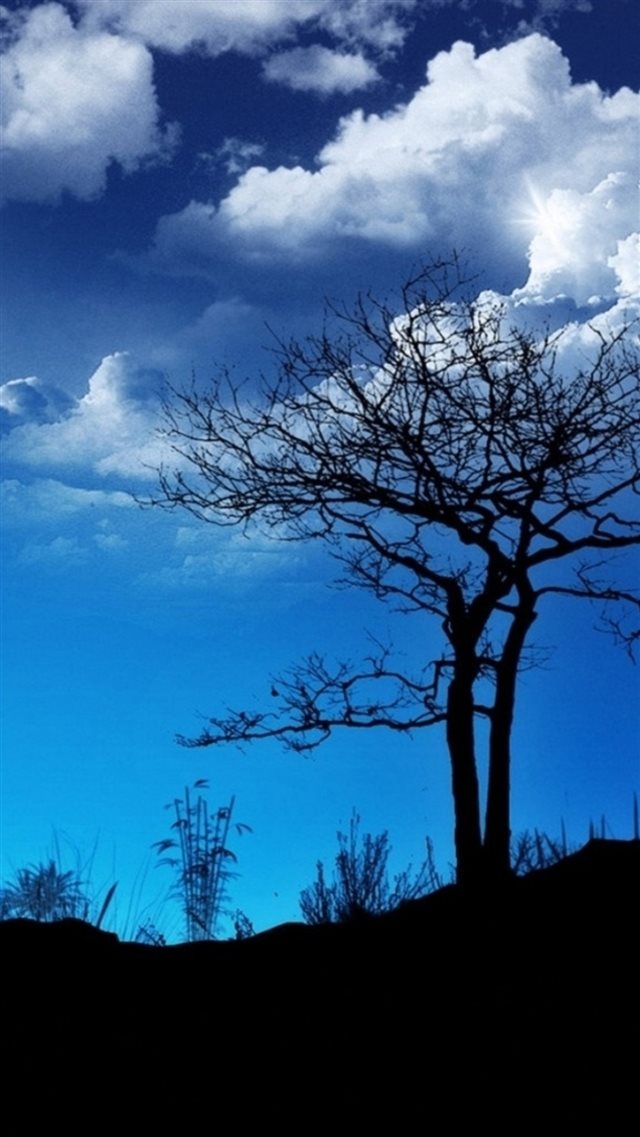 Blue Bright Night Hill Tree Cloudy Skyscape iPhone 8 wallpaper 