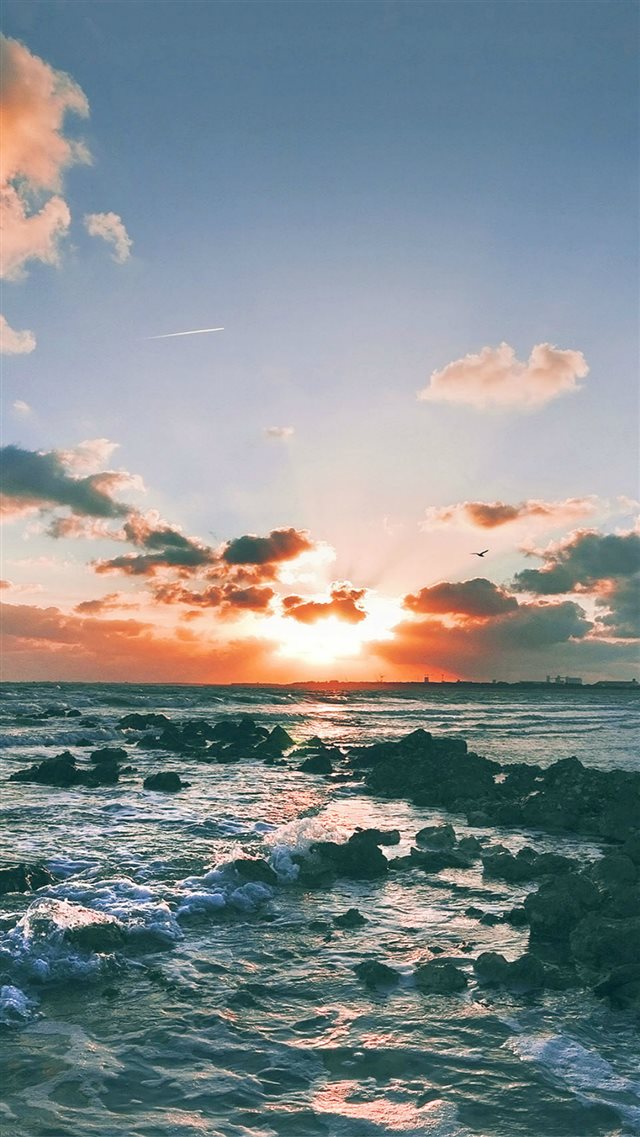 Nature Ocean Sunset Rock Beach Skyline iPhone 8 wallpaper 