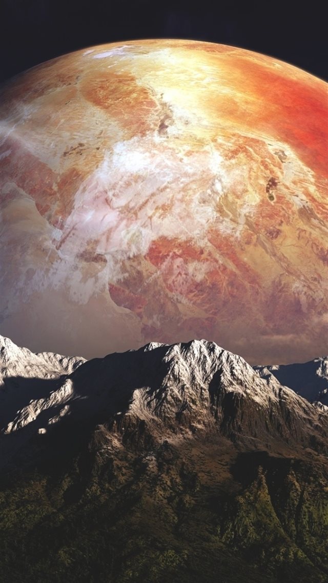 Splendid Super Space Planet Behind Mountains iPhone 8 wallpaper 