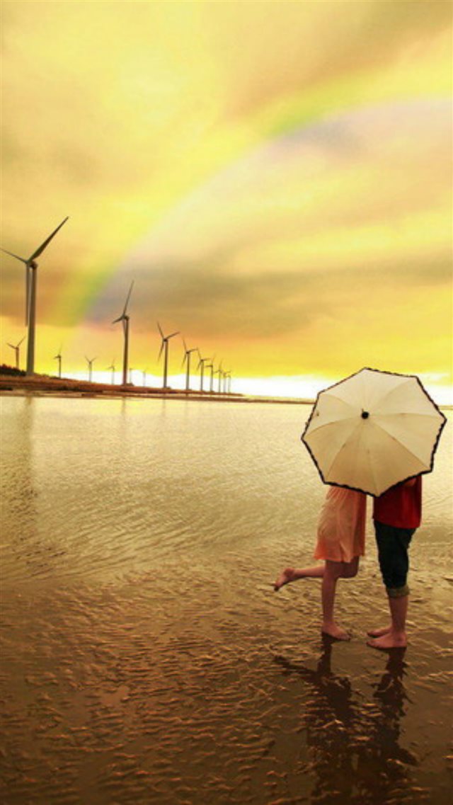 Nature Seaside Kissing Lover Under Umbrella Rainbow Skyview iPhone 8 wallpaper 