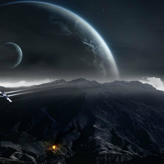 Outer Space Huge Planet Over Mountains iPad wallpaper 
