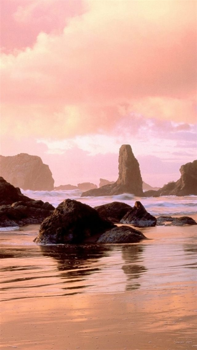 Pink Rock Ocean Sunset Landscape  iPhone 8 wallpaper 