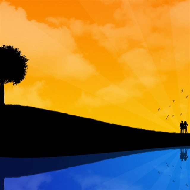 Lover Sunset Lake Reflection Art Drawn iPad wallpaper 