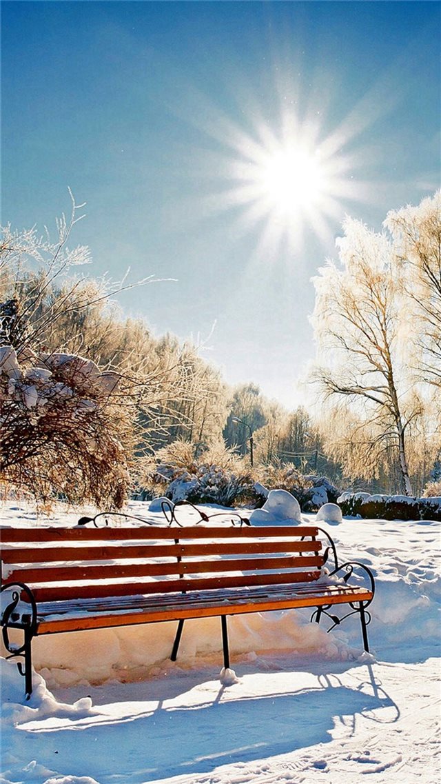 Winter Snowy Sunshine Bright Bench Park iPhone 8 wallpaper 