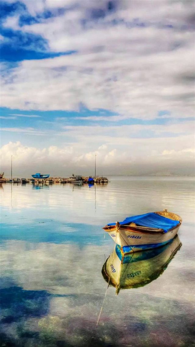 Fairy Peaceful Clear Lake Reflection Boat Parking iPhone 8 wallpaper 