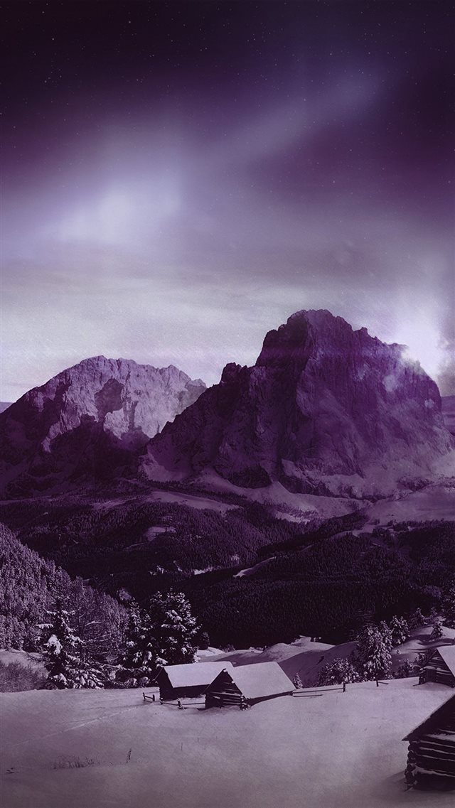 Night Sky Mountain Snow Winter Aurora Purple iPhone 8 wallpaper 