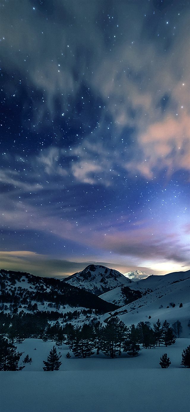 Aurora Star Sky Snow Mountain Winter Nature iPhone X wallpaper 