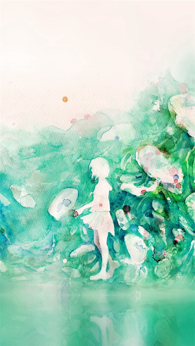 Watercolor Green Girl Nature Art Illust iPhone 8 wallpaper 