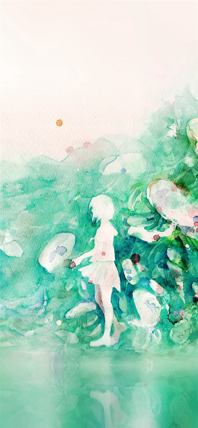 Watercolor Green Girl Nature Art Illust iPhone X wallpaper 