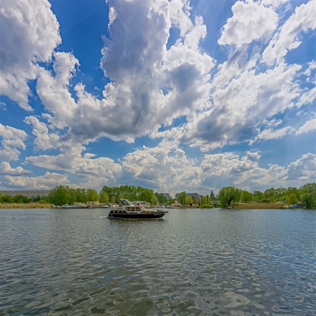 Berlin Koepenick River Boat Sky Clouds iPad Pro wallpaper 