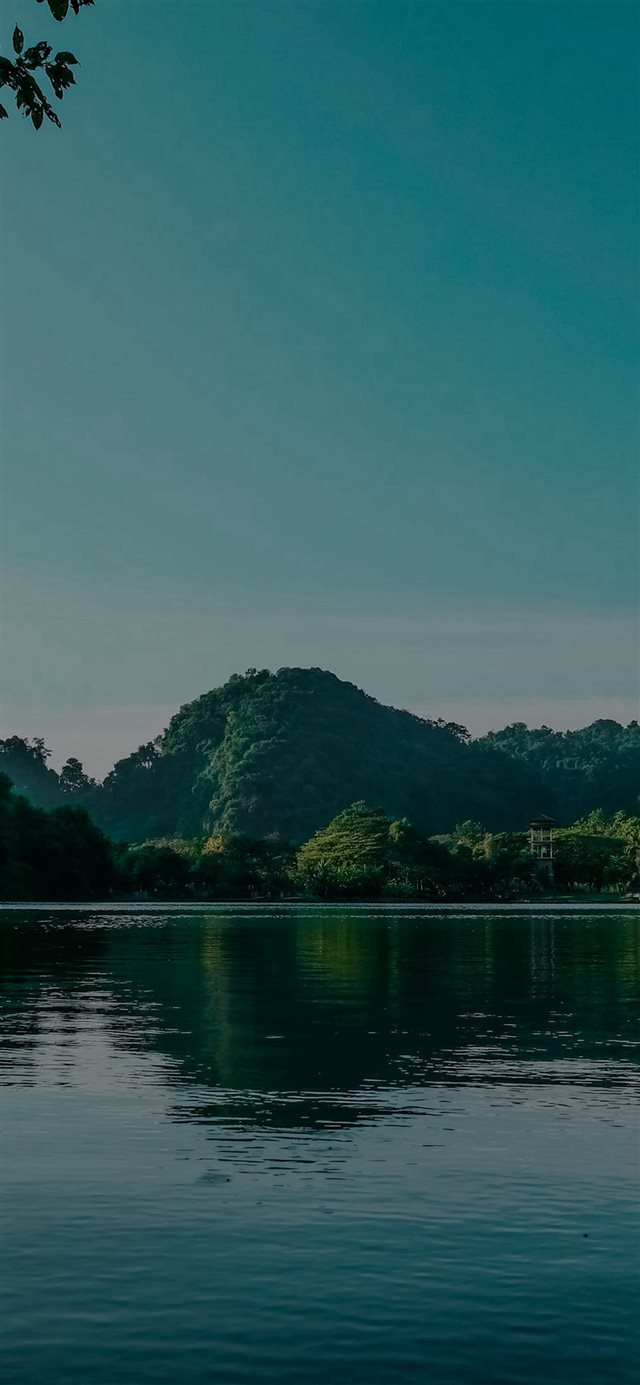Nature River Lake Mountain Tree Vacation Flare Dark iPhone X wallpaper 