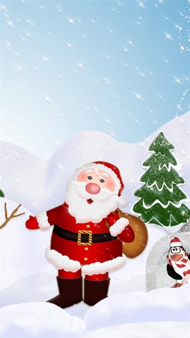 Tree santa claus snowman penguin iPhone 8 wallpaper 
