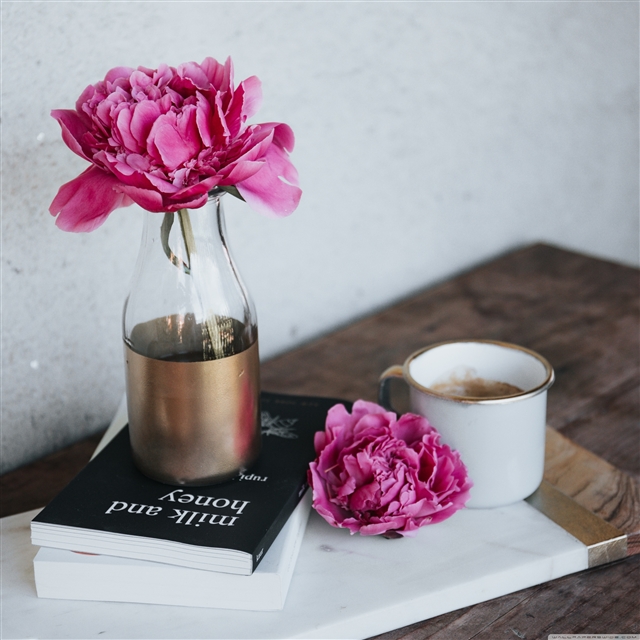 pink peony flower books coffee iPad Pro wallpaper 