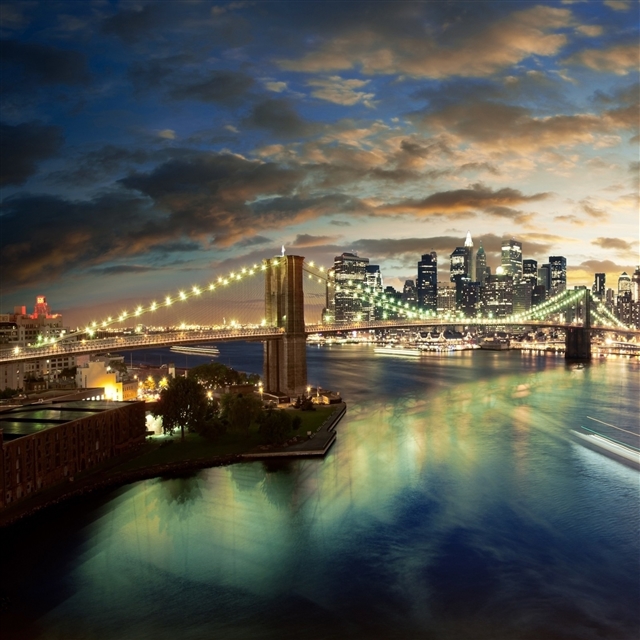 New York brooklyn bridge night lights city river iPad Pro wallpaper 