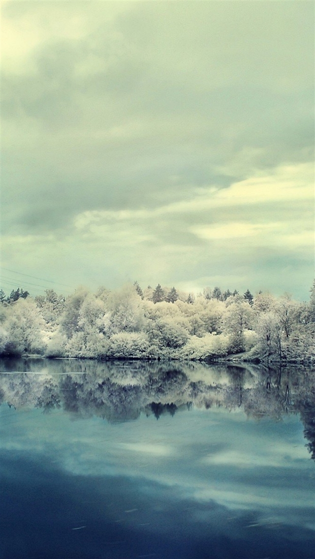 Winter snow lake reflection hoarfrost iPhone 8 wallpaper 