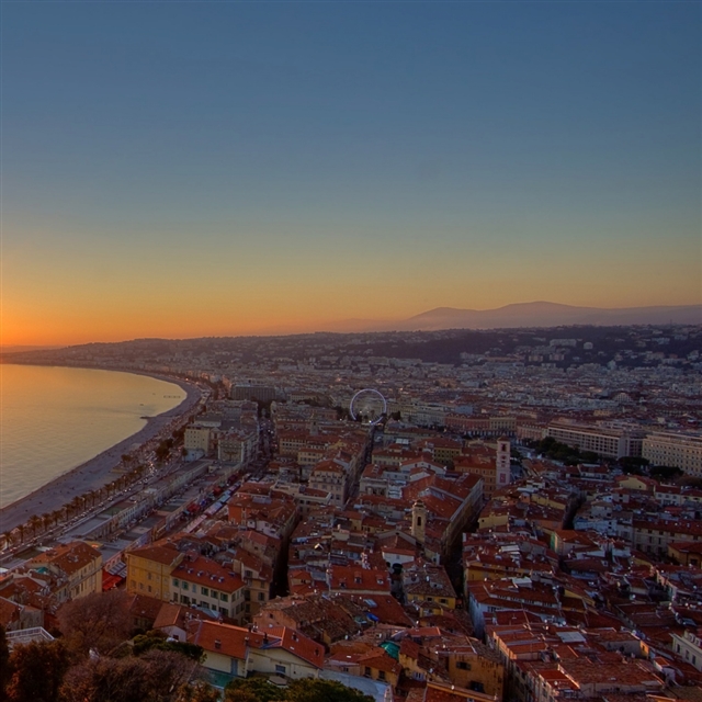 City top view sunset sea buildings iPad wallpaper 
