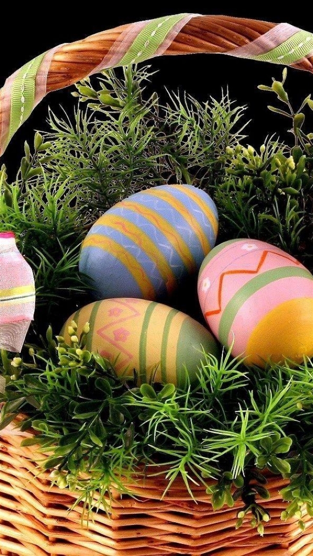 Easter holiday basket eggs ribbons greens black background iPhone 8 wallpaper 